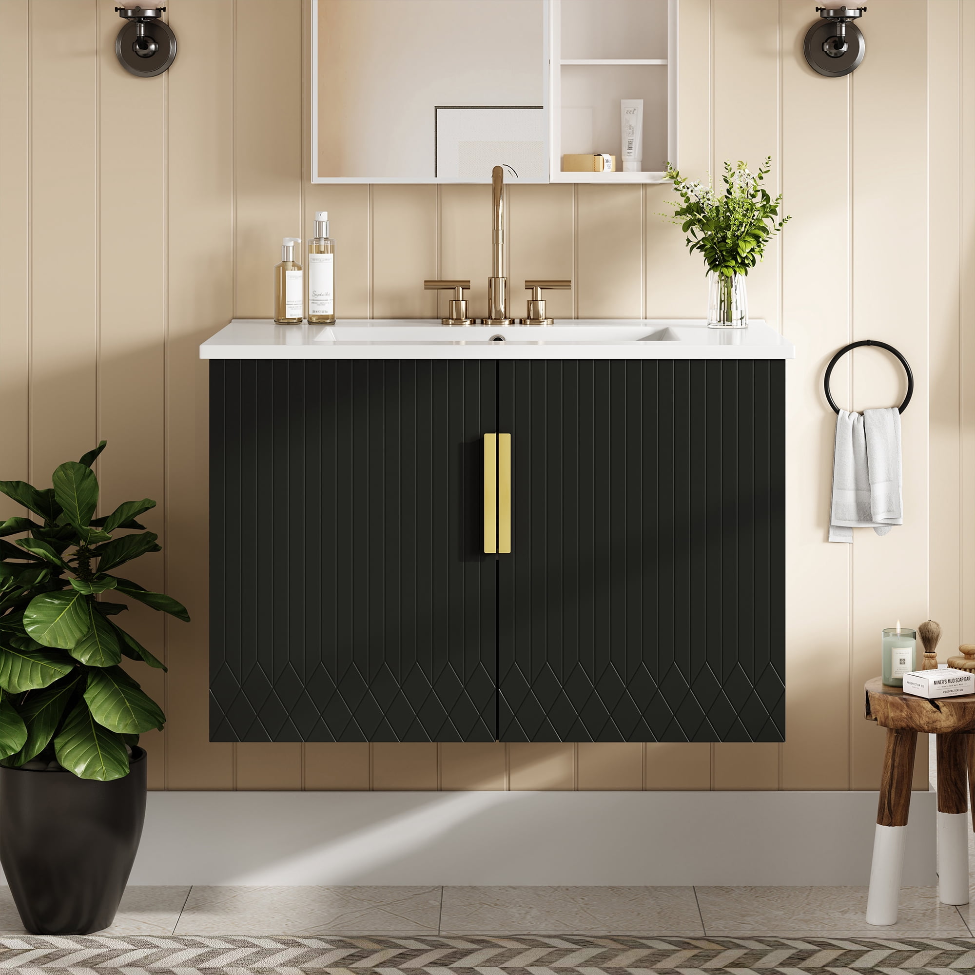 Euroco 30-Inch Wall-Mounted Bathroom Vanity with Glossy Ceramic Sink, Dual Soft-Close Doors, and Adjustable Shelf,