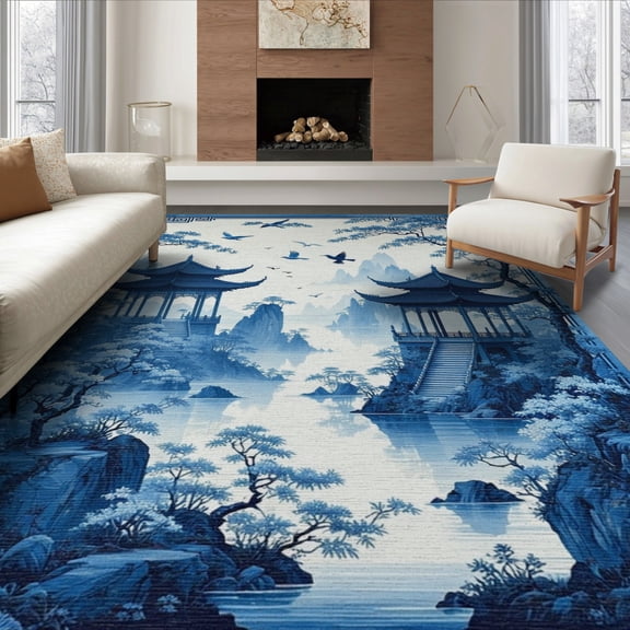 ODIKA 8'x10' Washable Area Rug Durable, Non-Slip Navy Blue Chinoiserie Pagoda Design Ornamental Birds and Blossoms Landscape for Living Room, Under Sectional, Family