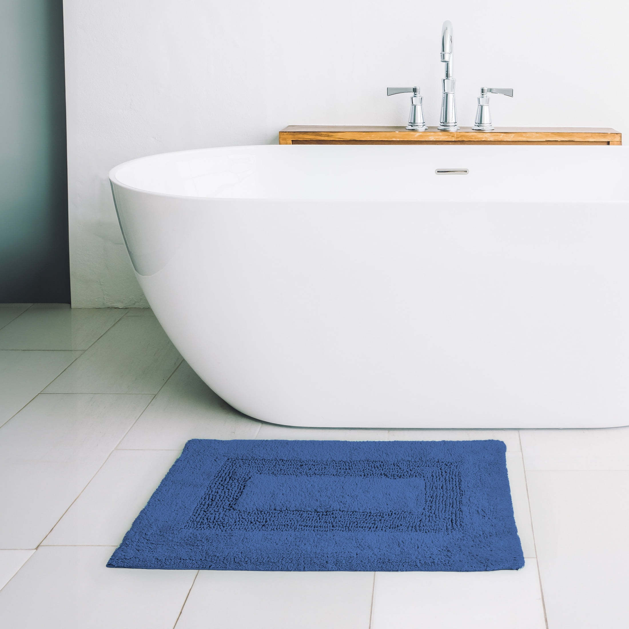 Mainstays Racetrack 100% Cotton Navy Bath Rug, 17" x 24", Non-slip bath rug