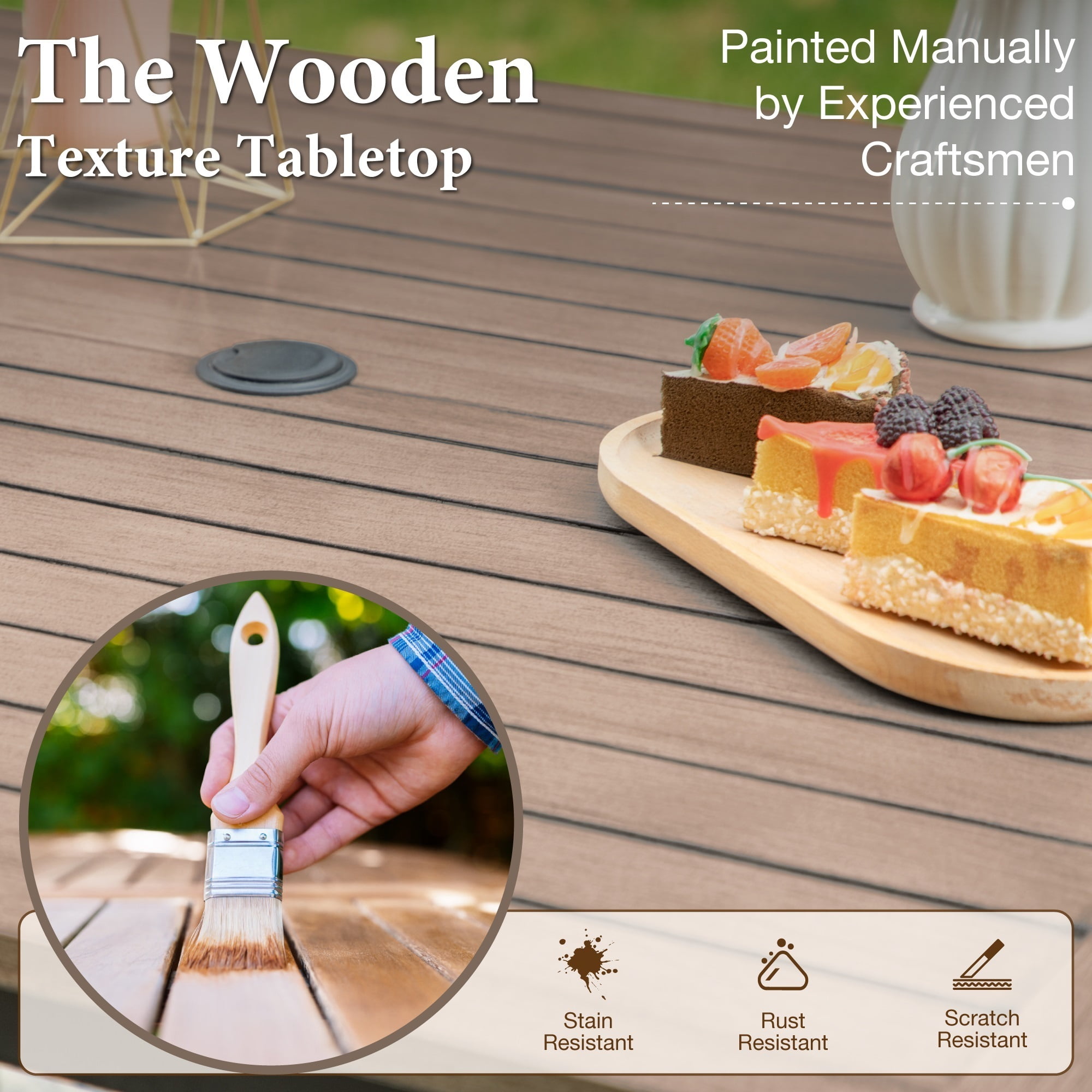 MF Studio 5-Piece Outdoor Dining Set with Wicker Cushioned Chairs & Wood Grain Table, 1.9" Umbrella Hole, Black & Beige