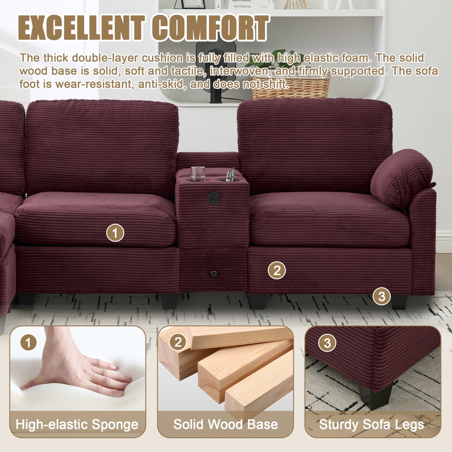 Leumius L-Shaped Sectional Sofa for Living Room,105" Modular 4-Seater Upholstered Sofa Couch with Cup Holder/USB Interface/Storage Box,Rose Red