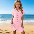 thumbnail image 6 of PiGOGI Girls Short Sleeve Button Down Shirt Dress Pocket Casual Long Top Solid Color Soft Summer Dress Pink 13Years, 6 of 8