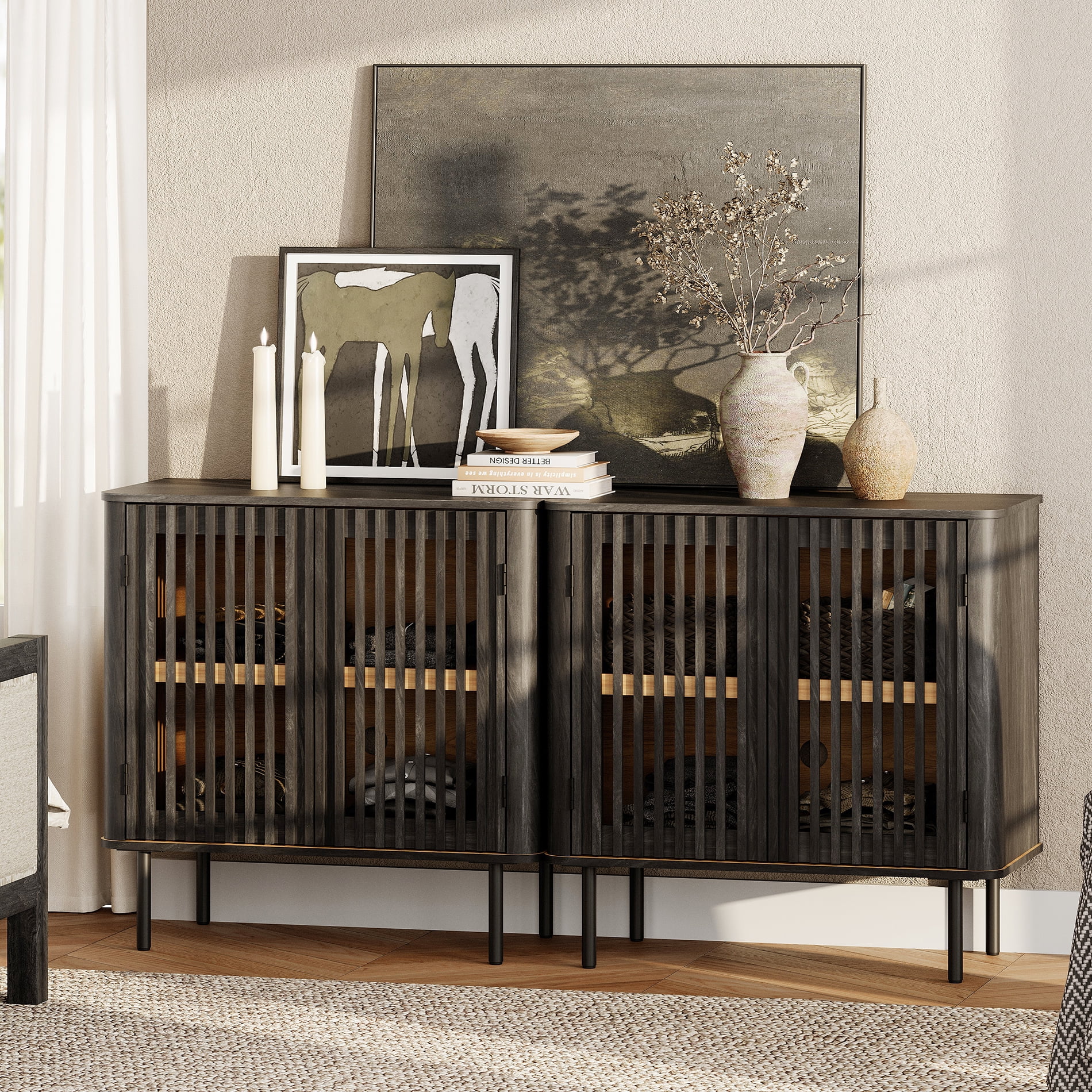 63" TV Stand for TVs up to 75", Mid Century Modern TV Media Console Table with Adjustable Shelf, Black