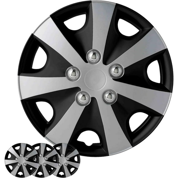 Ensemble de Couvre-Roues, Ensemble d'Enjoliveurs de 16 Pouces de 4 Capuchons de Moyeu Automobile avec Anneaux de Retenue Universels à Clipser, Couvre-Jantes Bicolores en Plastique ABS Noir et Argent pour Toutes les Marques, Modèles (SG-5051-DP-16)