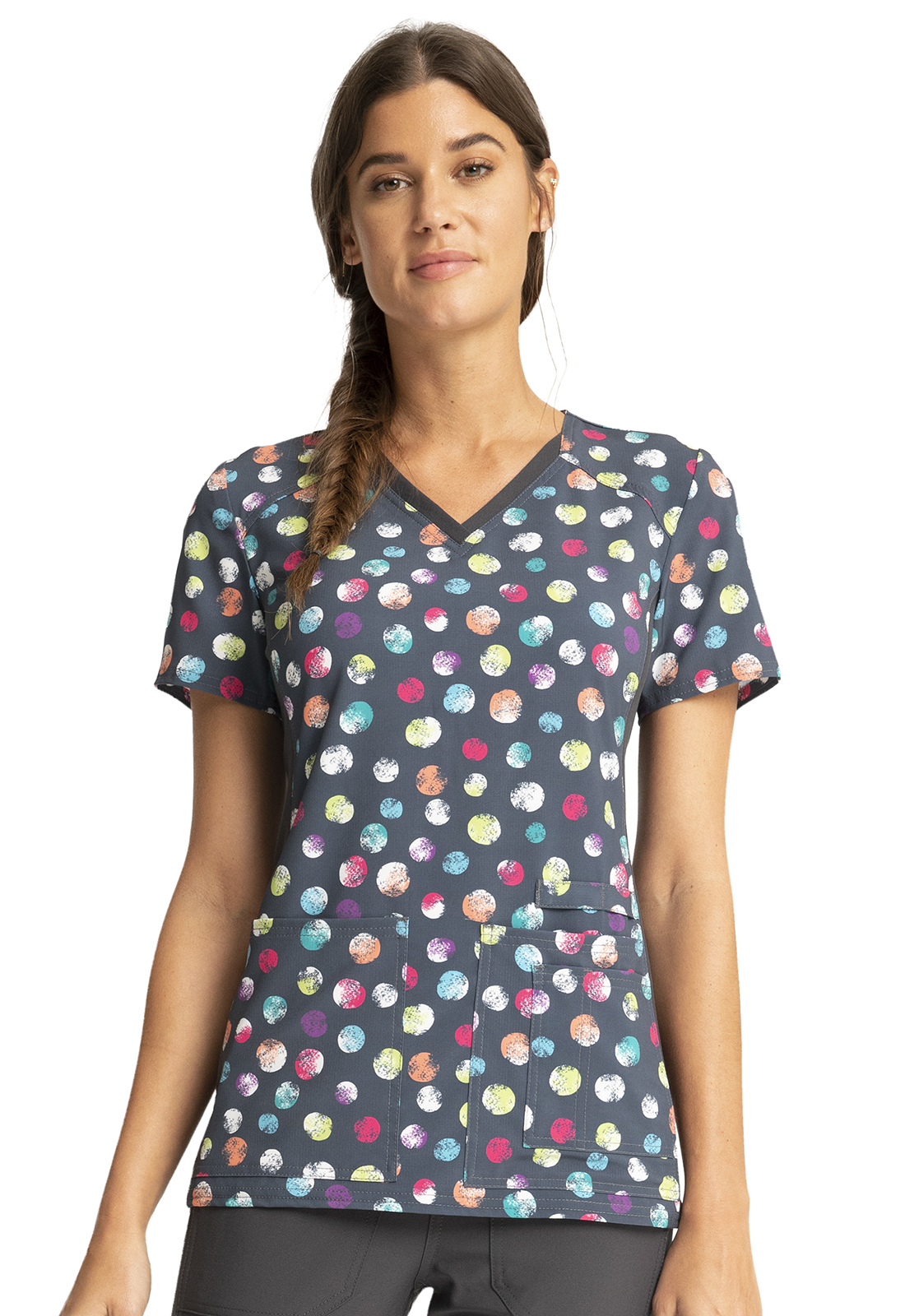 Cherokee iFlex Scrubs Top For Women VNeck Knit Panel CK636, S, Playful