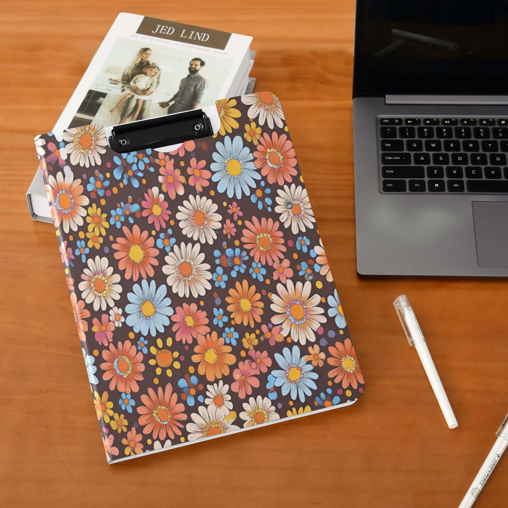 FORMRS A4 Clipboard Folder with Pen Holder Horizontal Foldable School Office Binder, Colorful Flowers