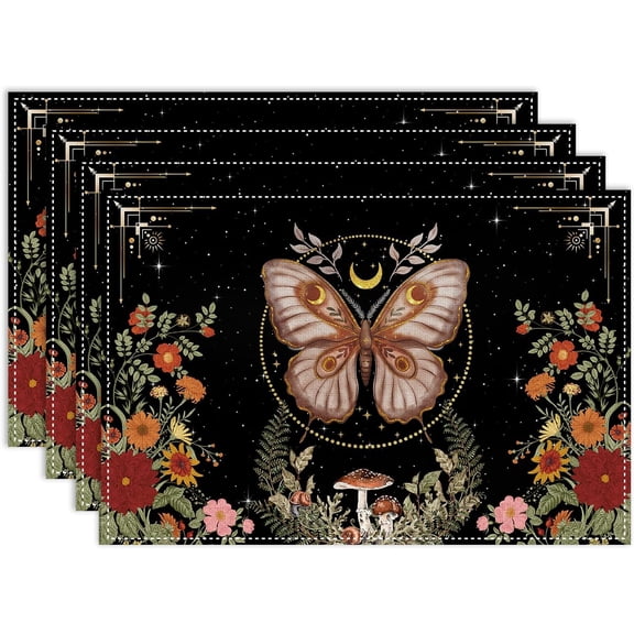 Boho Moth Placemats Set of 4, 12x18 Inch Witchy Moon Phase Tarot Gothic Wild Flower Watercolor Seasonal Bohemia Mystical Holiday Farmhouse Coffee Table Mats for Party Kitchen Dining Decoration