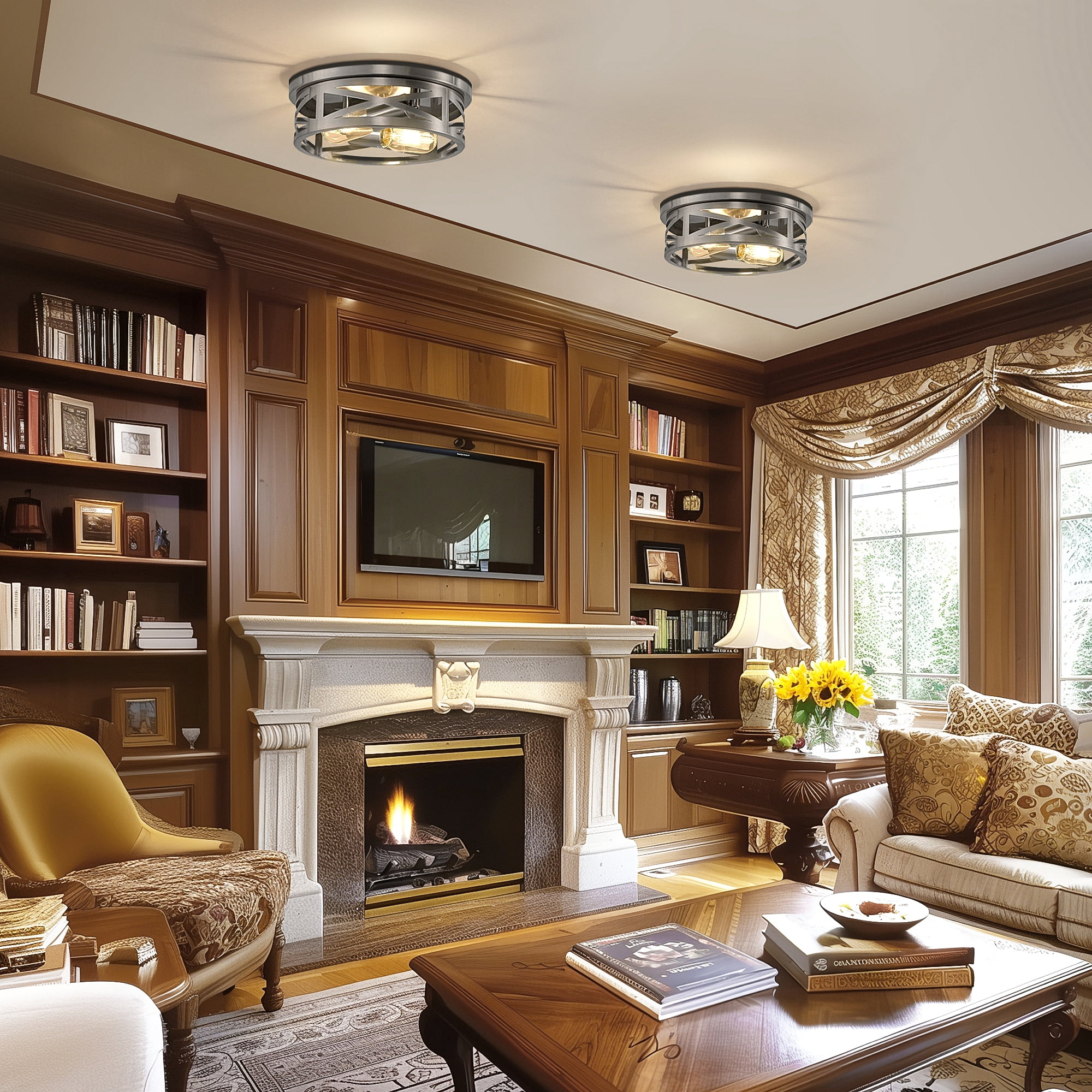 Briignite Modern Flush Mount Ceiling Light Fixtures – 2-Pack Brushed Nickel with Rustic Metal Cage, Ideal for Entryways and Kitchens