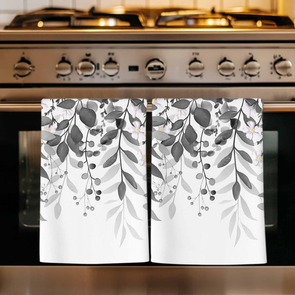 Grey Leaves Kitchen Towels Set of 3, Summer Botanical Absorbent Dish Towels for Kitchen, Microfiber Hand Towel, Quick Drying Tea Towel for Cleaning Decorative Dishcloths Watercolor Weeping