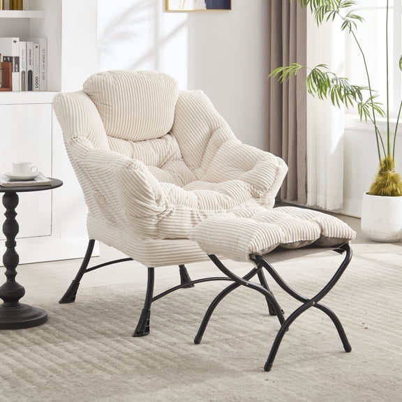 Modern Accent Chair with Ottoman, Reading Chair with Armrests and a Side Pocket, Lounge Arm Chair for Small Space/Living Room/Bedroom, Corner Chair, White