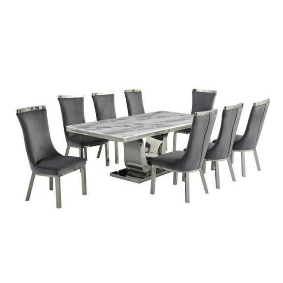 White Marble 9pc Dining Set with Silver Stainless Steel and 8 Chairs