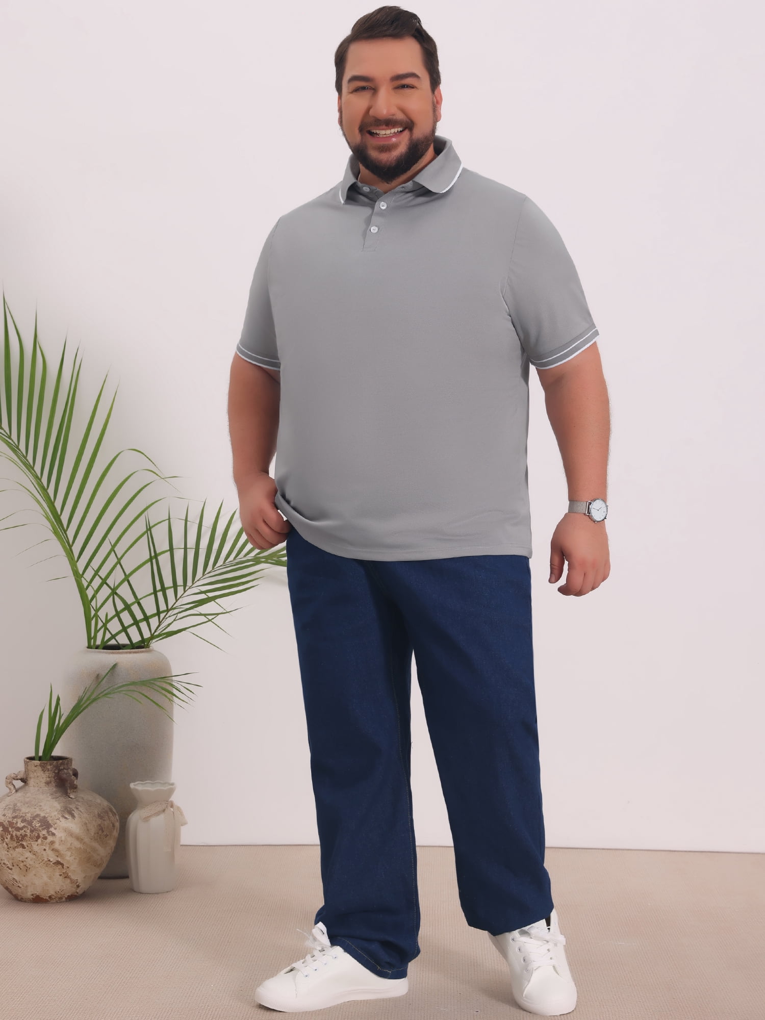 DARING DIVA Men's Big Tall Contrast Trim Short Sleeve Work Office Golf Shirts XL Gray