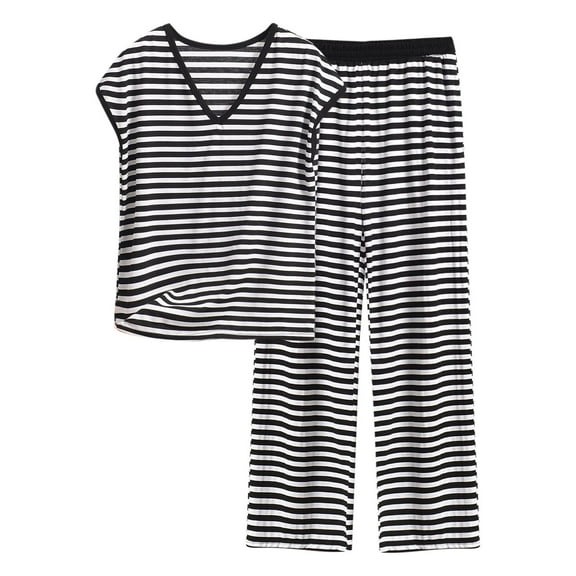 Hueook Womens Winter Pajamas Women's V-Neck Sleeveless Loose T-shirt Loose Pants Home Wear Two-Piece Pajama Sets Black 3X