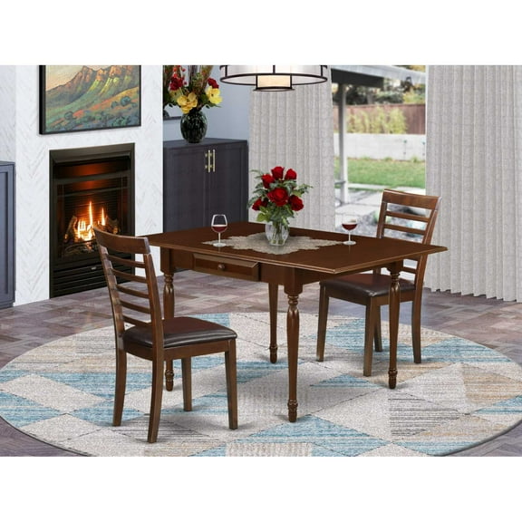 East West Furniture Monza 3-piece Wood Dining Set with Leather Seat in Mahogany