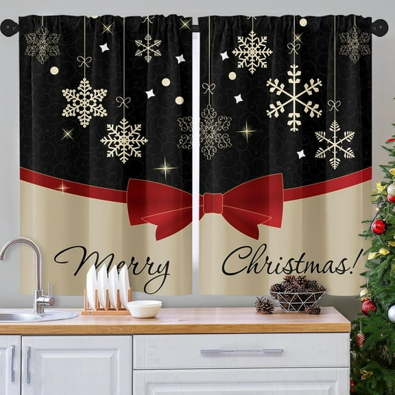Christmas Snowflakes Kitchen Curtains Winter Window Curtains Over Sink Set of 2, Black Vintage Rod Pocket Short Tier Curtains for Kitchen, Merry Christmas Small Kitchen Decor (26x36 Inch)