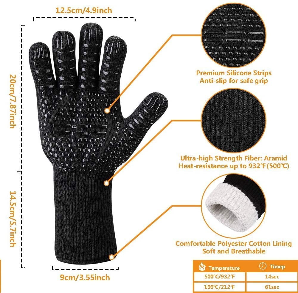 OUUO Oven Mitts Heat Resistant Gloves EN407 Standard Withstand Heat Up to 500 Degrees for Cooking Grilling (Large, Black)