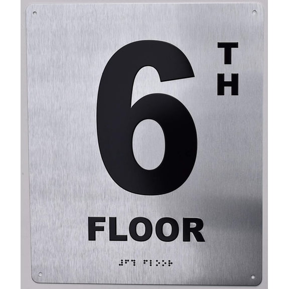 6th Floor Sign- Floor Number Sign- Tactile Touch Braille Sign (Aluminium !!, Brush Silver,Size 10X12)- The Sensation line(ref-2022-4)