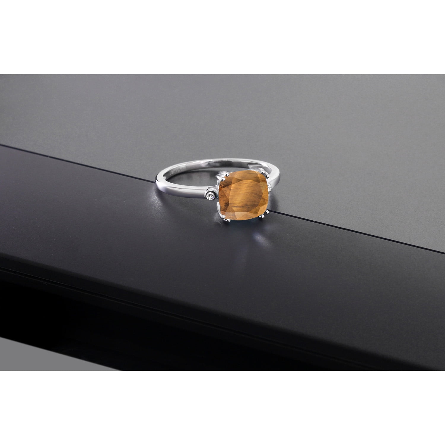 Gem Stone King 2.01 Ct Cushion Brown Tiger Eye White Diamond 10K White Gold Ring