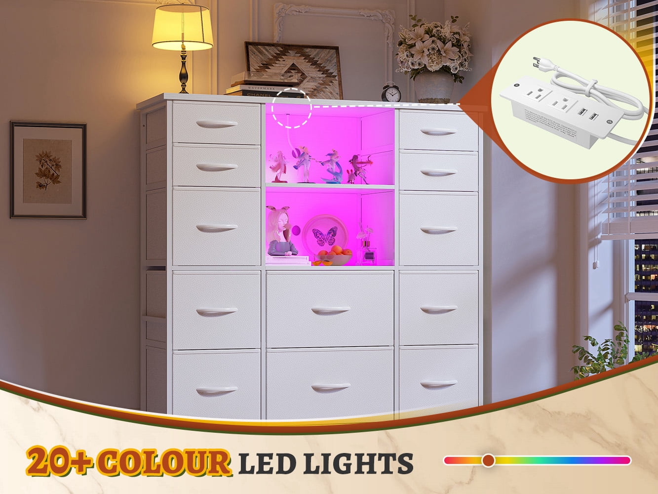 EnHomee 15 Drawer White Dressers for Bedroom with LED Lights Power Outlet Tall Dressers&Chest of Drawers,39"L x 12"W x 51"H