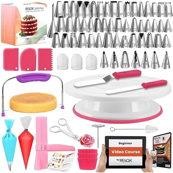 RFAQK 200PCs Cake Decorating Supplies Kit for Beginners with Turntable, Piping Tips, Spatulas, Leveler, and Baking Tools - Perfect Gift for Women