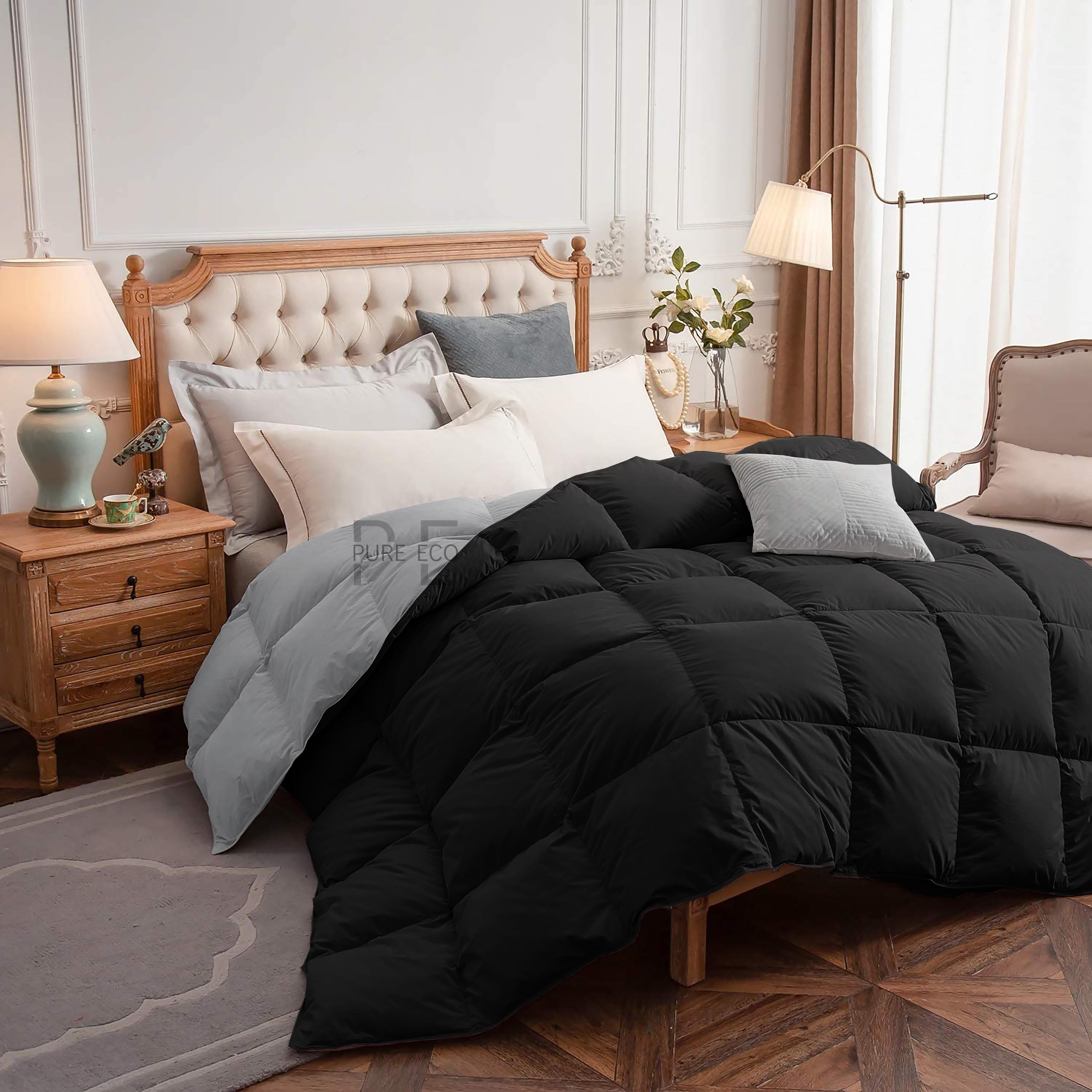 Pure Eco Hotel Bedding Comforter Twin Size, Duvet Insert, Quilted Comforter with Corner Tabs, All Season Lightweight Quilt, Down Alternative Hotel Comforter Twin Size 68X90 Black/Silver Gray