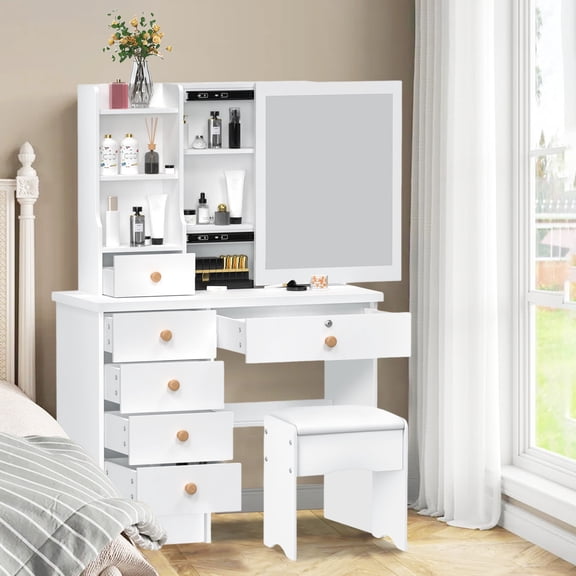 solautey White Vanity with Sliding Mirror, 6 Drawers, Open Shelves, Bedroom Dressing Table