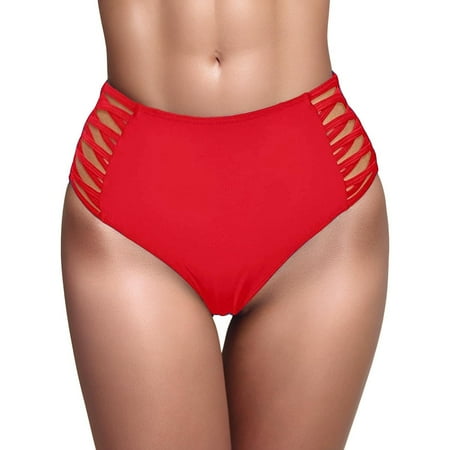 WERYOUNG Women High Waisted Bikini Bottoms Swim Bottoms Strappy Swim Bottom Summer Tropical Brazilian Vacation Swimwear Beachwear Versatile Red M