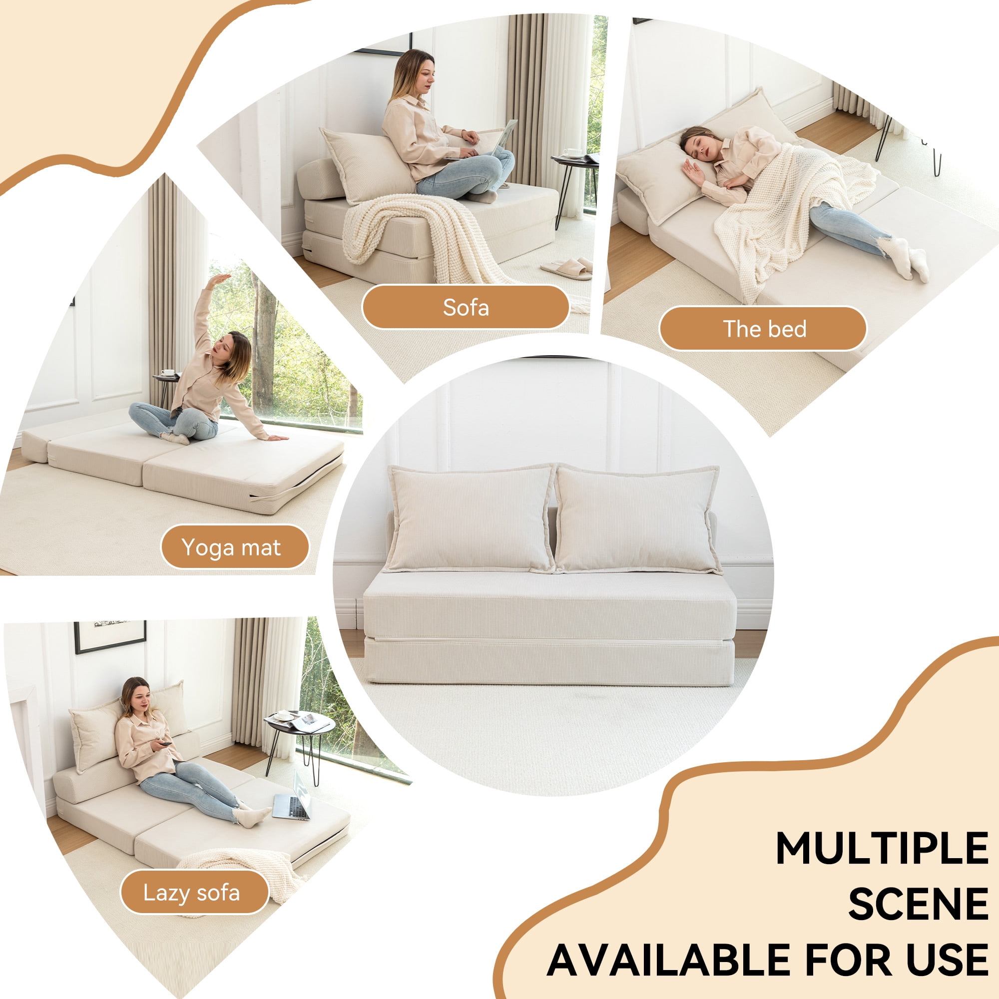 Aukfa Twin Folding Sofa Bed Sleeper Chair with Pillows, Corduroy Convertible Floor Couch Mattress for Living Room, Dorm, Guest Room, Beige