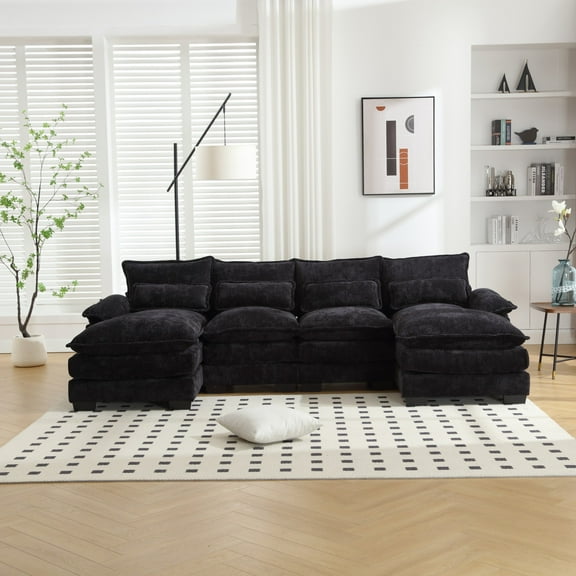 Chenille, High Quality Sponge Filling, Solid Wood Frame, Oversized Four-Seater, U-Shaped Combination Sofa (Black)