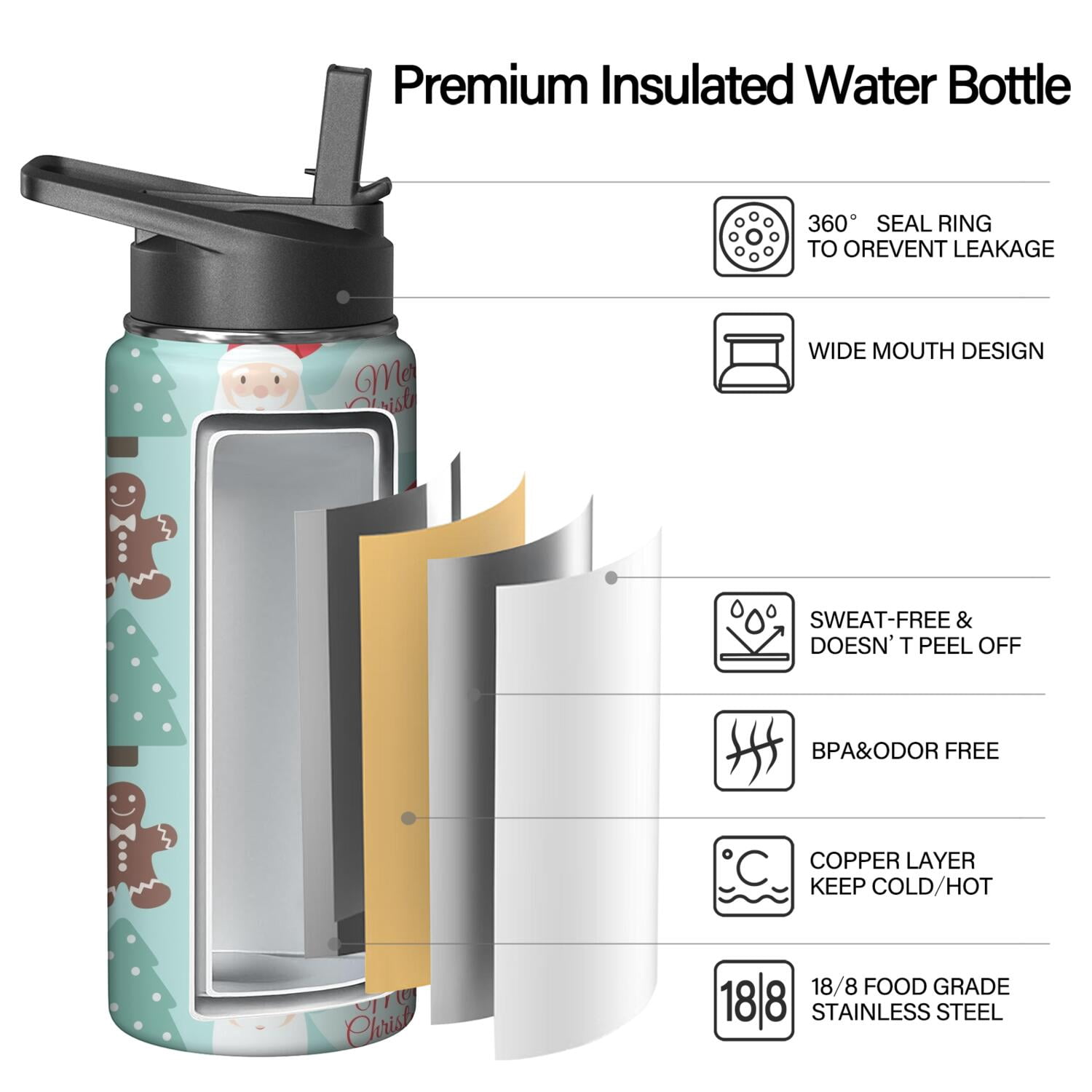 Christmas 18 oz Insulated Stainless Steel Water Bottle with Straw & Cleaning Brush , Leakproof, BPA-Free, 304 Stainless Steel, Wide Mouth, Travel Mug for Car, Gym, Office