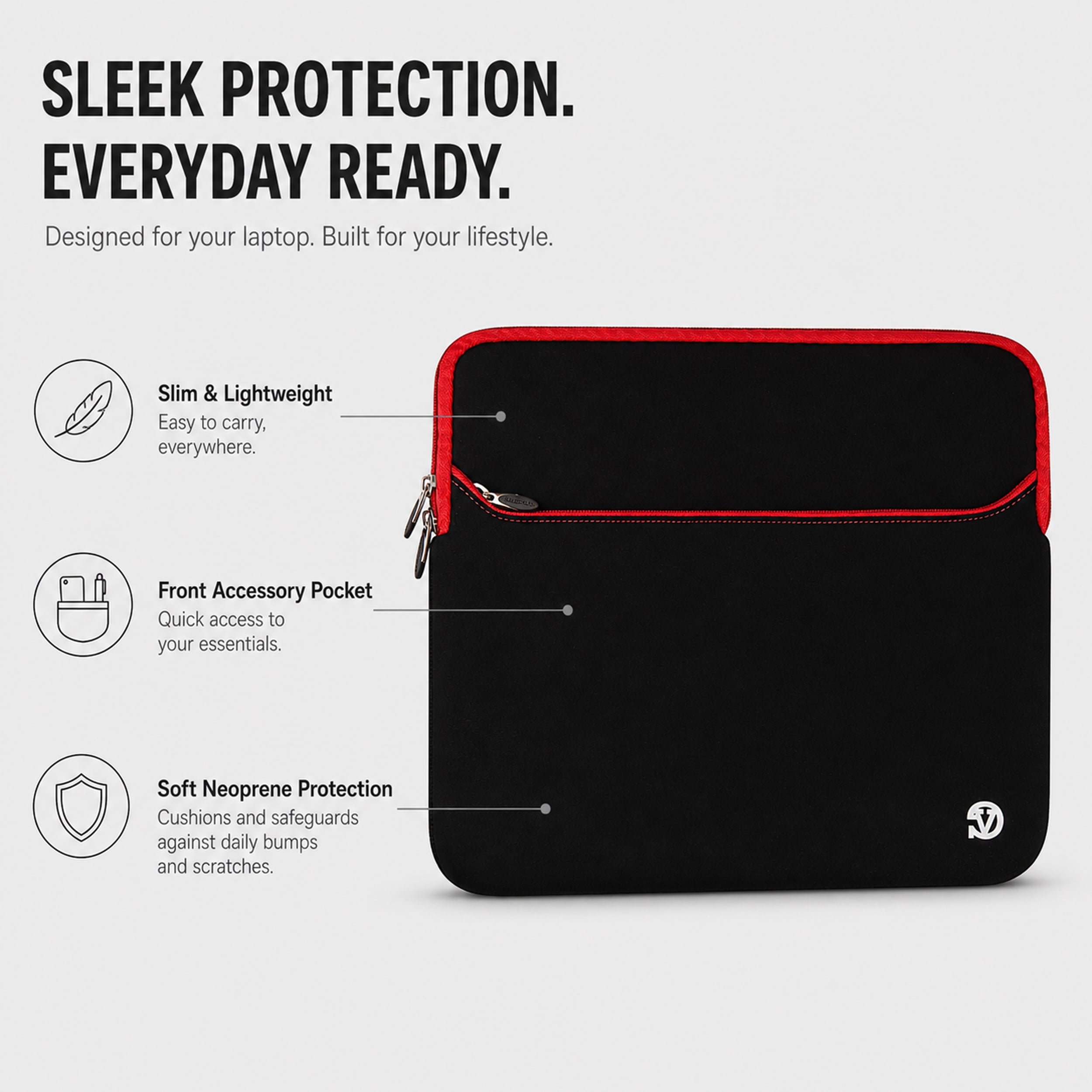 Vangoddy 15.6 Inch Laptop Sleeve Case, Water-Resistant Neoprene Notebook Bag with Zipper and Front Pocket, Fits 15.4-15.6 in Laptops