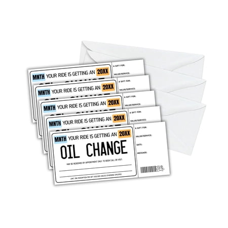 Oil Change Gift Certificate License Plate Theme 30pk w/ Envelopes 3.75x8.24 Youre Getting Your Oil Changed Service Full-Service Promotion Card