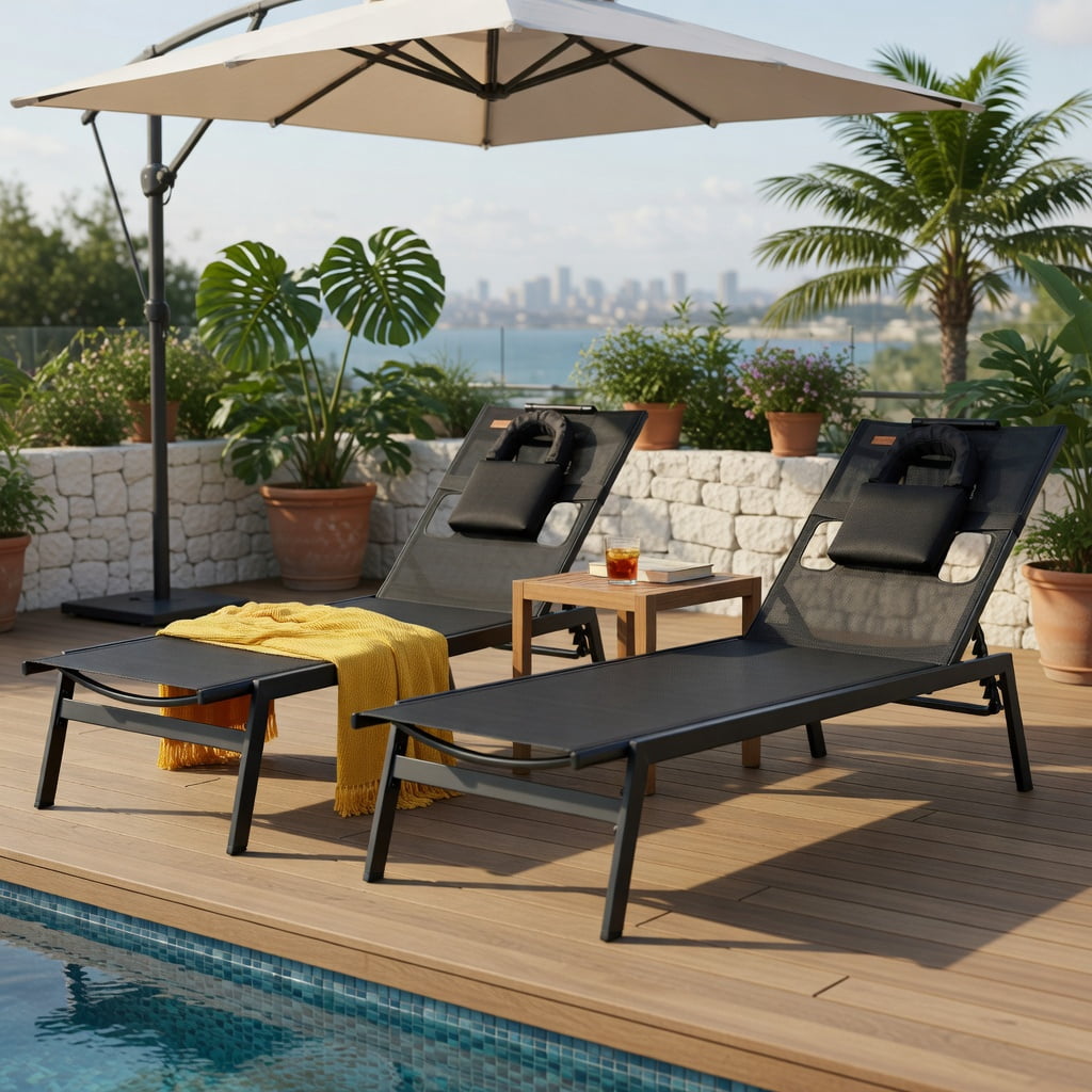 Hommoo 5-Position Adjustable Sun Lounger Chair for Patio, Poolside & Backyard, Metal Tanning Chaise with Headrest & U-Shaped Pillow, Black