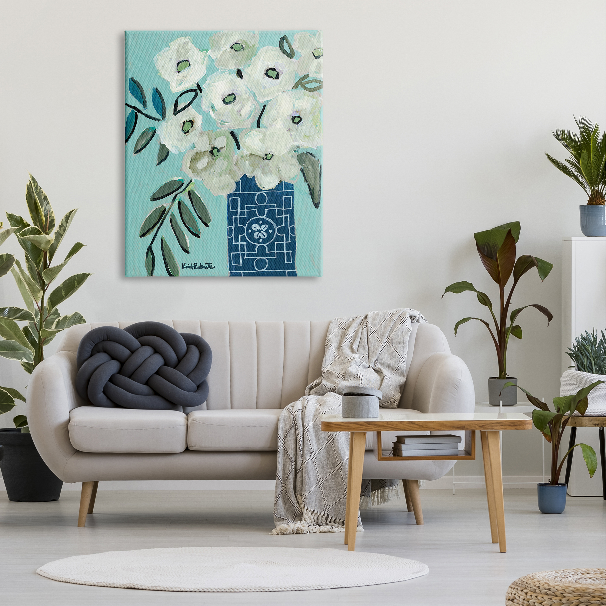 Stupell Industries Abstract Round Floral Blossoms White Poppies Geometric Vase,36 x 48, Design by Kait Roberts