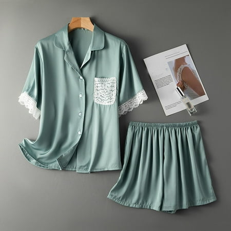 

Pntutb Clearance Womens Sexy Short Sleeve Shorts Lace Trim Two Piece Home Service Homewear Pajamas Sets Green M