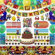 177 pcs Mario Birthday Party Supplies, Mario Party Supplies for 10 Guests Includes Birthday Banner, Hanging Swirls, Cake Topper, Cupcake Toppers, Balloons, Goody Bags, Tablecloth, Napkins, for Kids