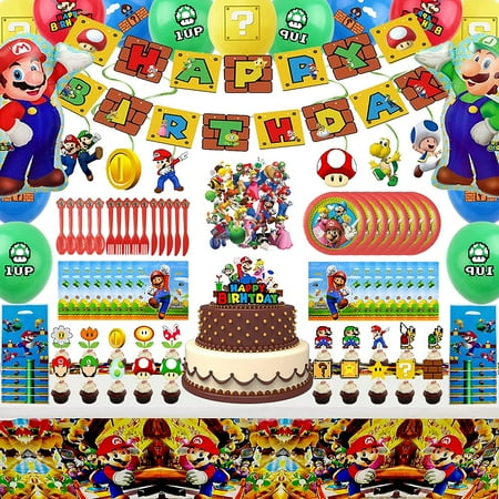 177 pcs Mario Birthday Party Supplies, Mario Party Supplies for 10 Guests Includes Birthday Banner, Hanging Swirls, Cake Topper, Cupcake Toppers, Balloons, Goody Bags, Tablecloth, Napkins, for Kids