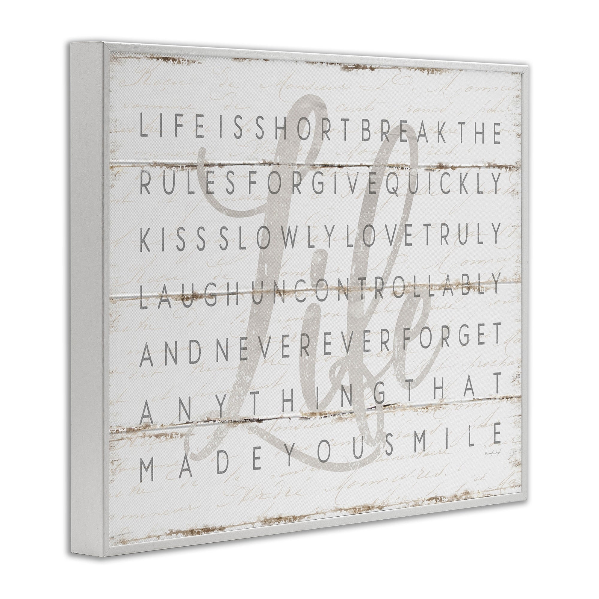 Stupell Industries Life Is Short Smile Grey on White Planked Look Graphic Art White Framed Art Print Wall Art, 11x14, by Jennifer Pugh