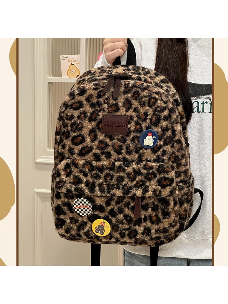 Fuzzy Cheetah Cute Backpack, Y2k Purse Fleece Chic Bookbag  display picture 3