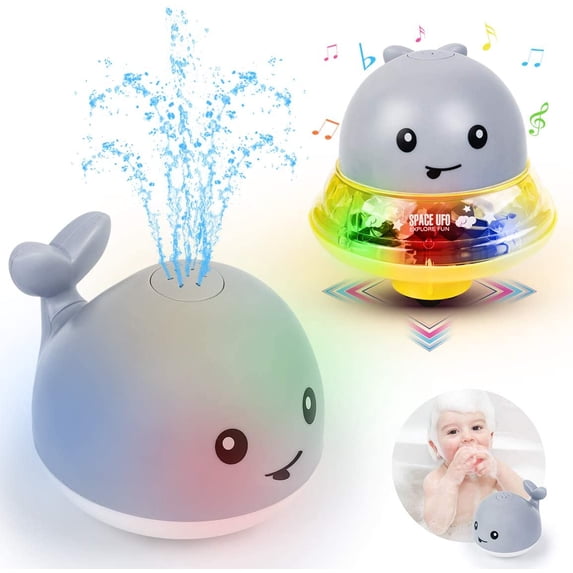 LNKOO Bath Toys for Toddlers, Whale Automatic Spray Water Baby Bathtub Water Toys 2 in 1 Space UFO Car, with Light Up Music Fountain Toy for Infant Early Walk Crawling Whale Car Toy Set