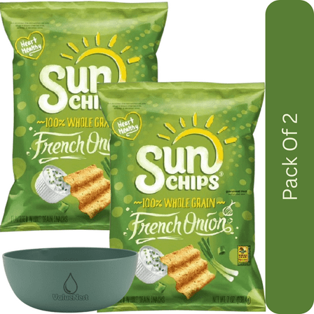 SunChips French Onion Whole Grain Snack Chips – 7 oz Bag With Olive Green Bowl By ValueNest