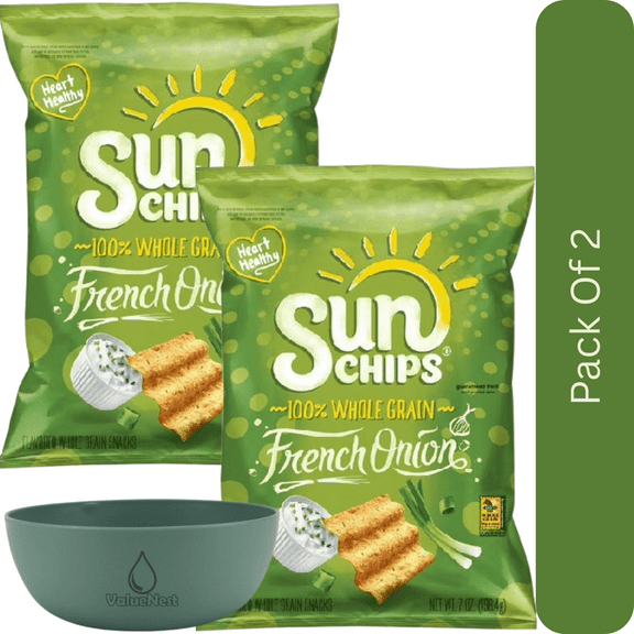 SunChips French Onion Whole Grain Snack Chips – 7 oz Bag With Olive Green Bowl By ValueNest