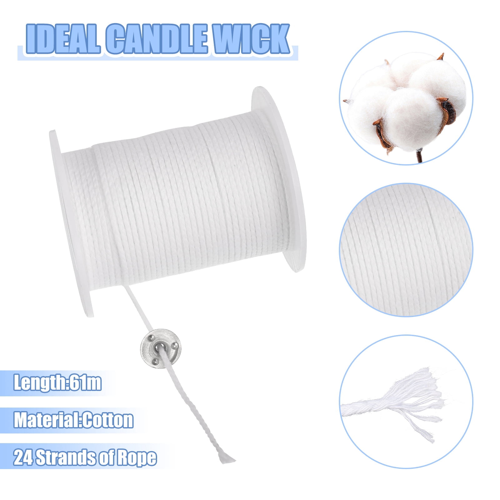 Qweryboo 61M Candle Wick, 60 Pcs Candle Wick Stickers and 5 Pcs Wooden Candle Wick Centering Devices, Smokeless Wick Set, Odorless Wick, Natural Wick with Wick Holder for DIY Candles