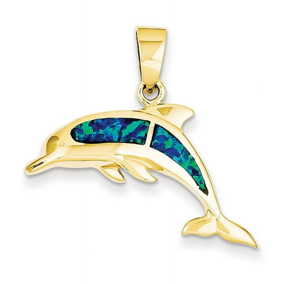 14k Yellow Gold Polished Simulated Opal Dolphin Pendant Necklace 25x32mm Wide Pendant for Women