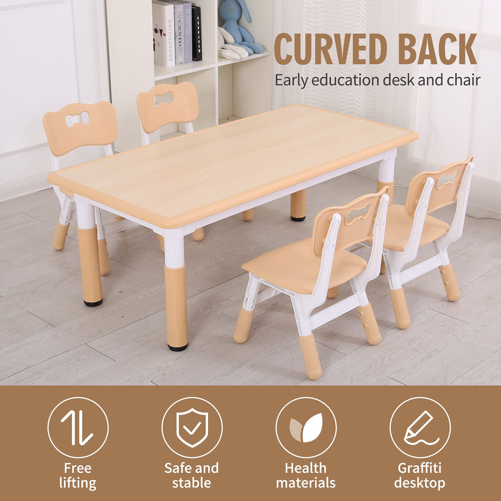 UNICOO® Kids Study Table and Chairs Set, Height Adjustable Plastic Children Art Desk with 4 Seats, Kids Multi Activity Table Set (Maple Top + Nature Board)