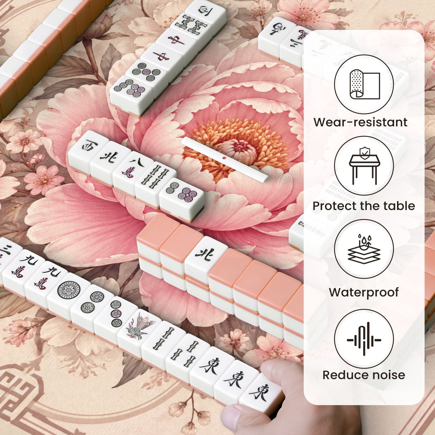 Mahjong Mat 31.5" x 31.5" Pink Peony Cherry Blossom Floral Vintage Elegant Non-Slip Noise Reduction Mahjong Tiles Table Cover for Dominoes Poker Card Board and Tile Games