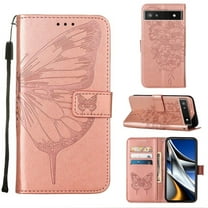 SaniMore Case for Google Pixel 8 Pro (2023), PU Leather Skin with Luxury Embossed Butterfly [Wrist Strap & Card Slots & Flip Kickstand] Full-body Shockproof Business Wallet Cover, Rosegold