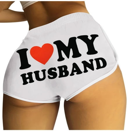 Lovskoo I Love My Husband Booty Shorts for Women Letter Printed Yoga Sport Workout Hot Pants Elastic Waist Athletic Lounge Shorts White