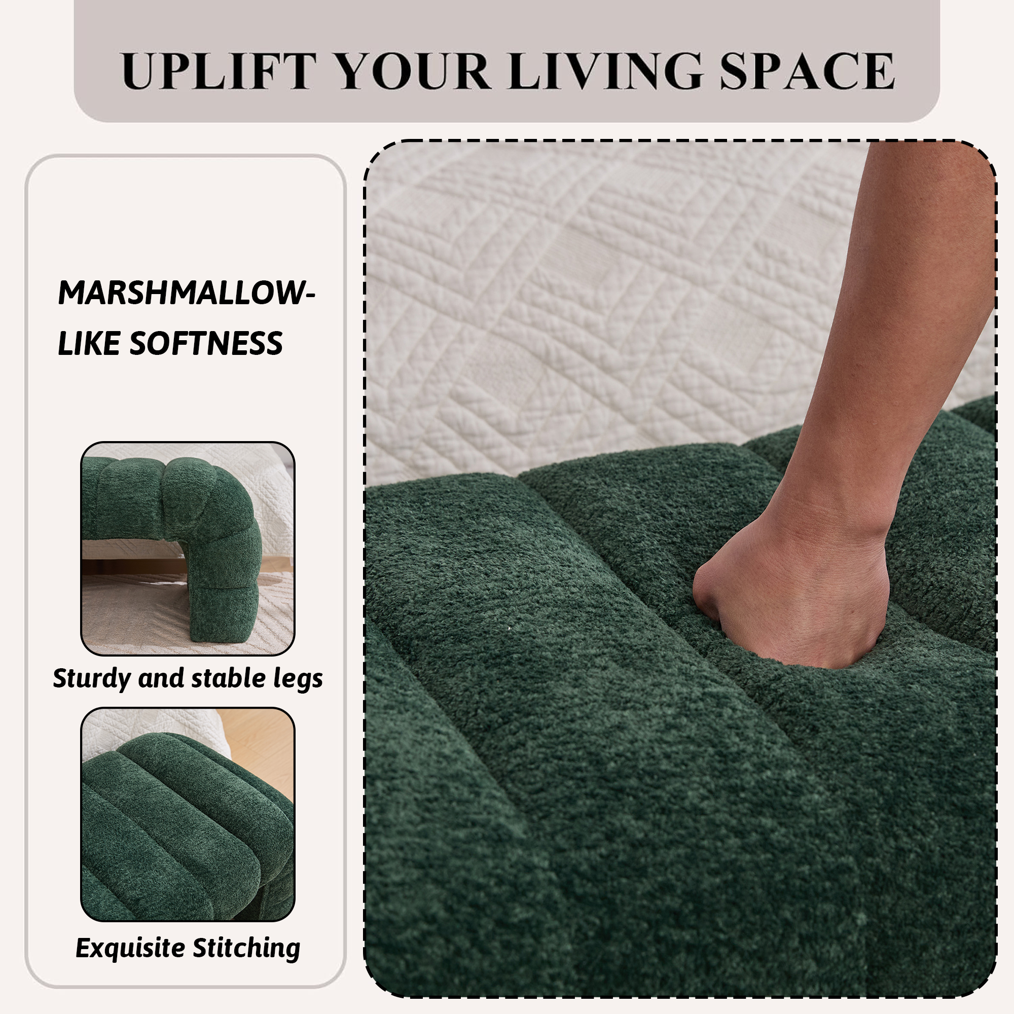 HIUU 70"Green Bench for Bedroom,Bed Benches for Foot of Bed with Streamline Design,Fabric Ottoman Bench with Soft Teddy Fabric,Modern Bedroom Benches for Living Room and Bedroom, Entryway