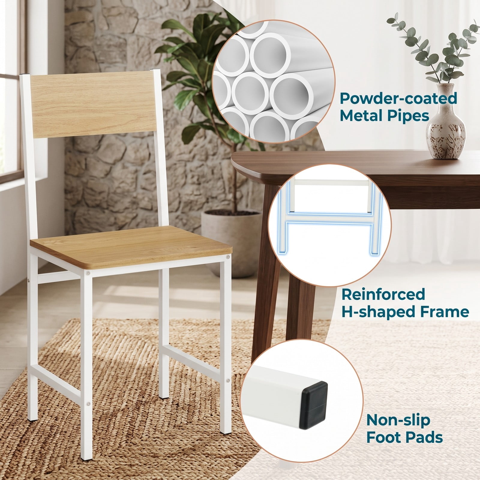 Furnibear Set of 4 Dining Chairs with Metal Legs and Slanted Back, Wood Grain Kitchen Side Chairs, Armless Dining Room Chairs with 300 lbs Capacity for Home, Natural